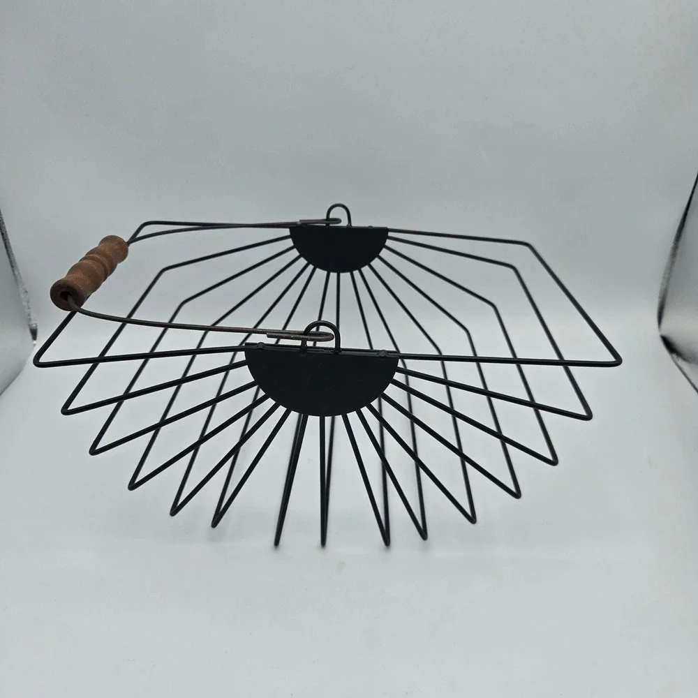 Vintage Wire Egg Fruit Basket with Wood Handle Black Metal Fan Design Farmhouse